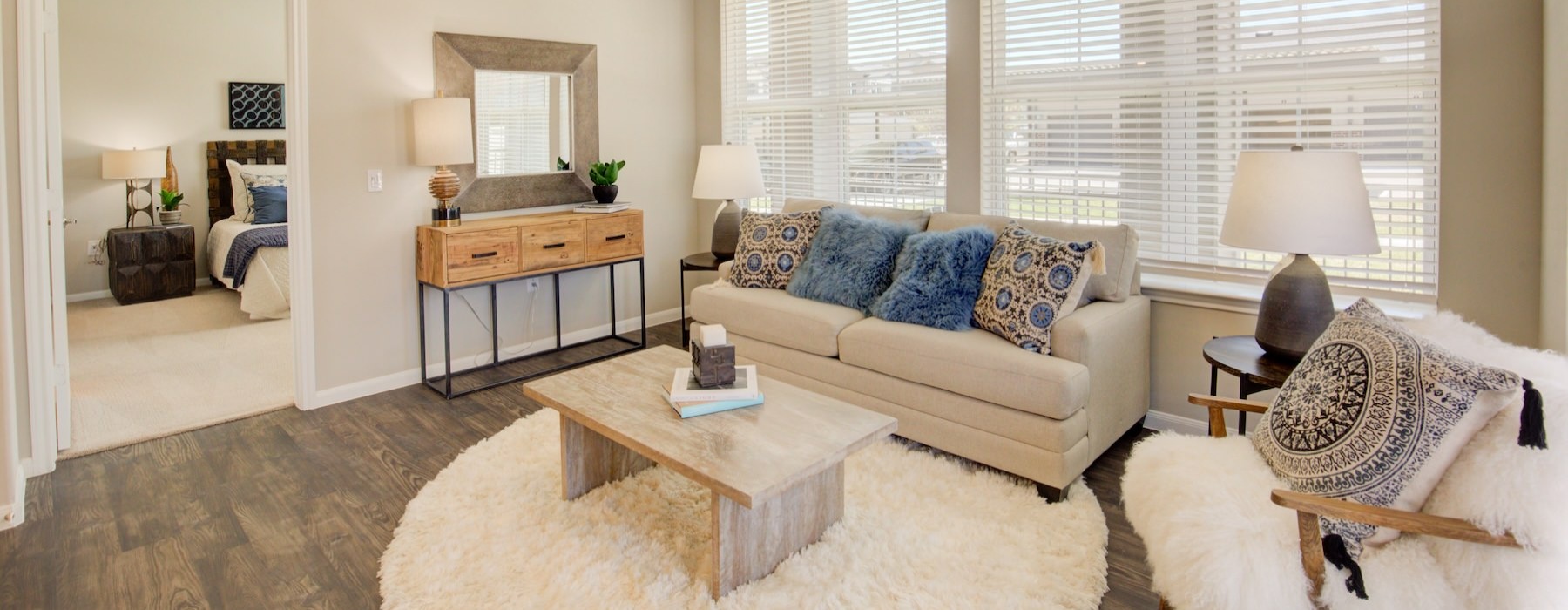 a living room with a couch and a table